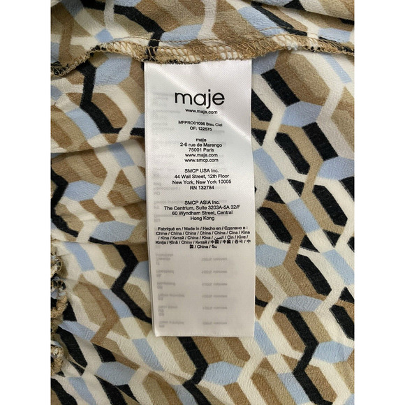 MAJE Rachelli Shirred Printed Crepe De Chine Midi Dress Light Blue Beige… - Picture 10 of 11